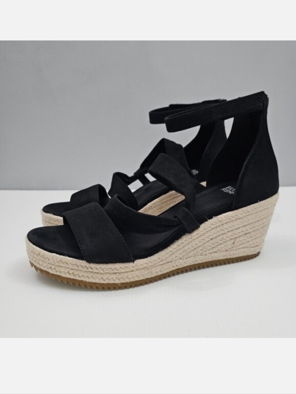 Eileen Fisher Wisp Espadrille Wedge Sandal Womens 9.5 Black Leather Platform NEW